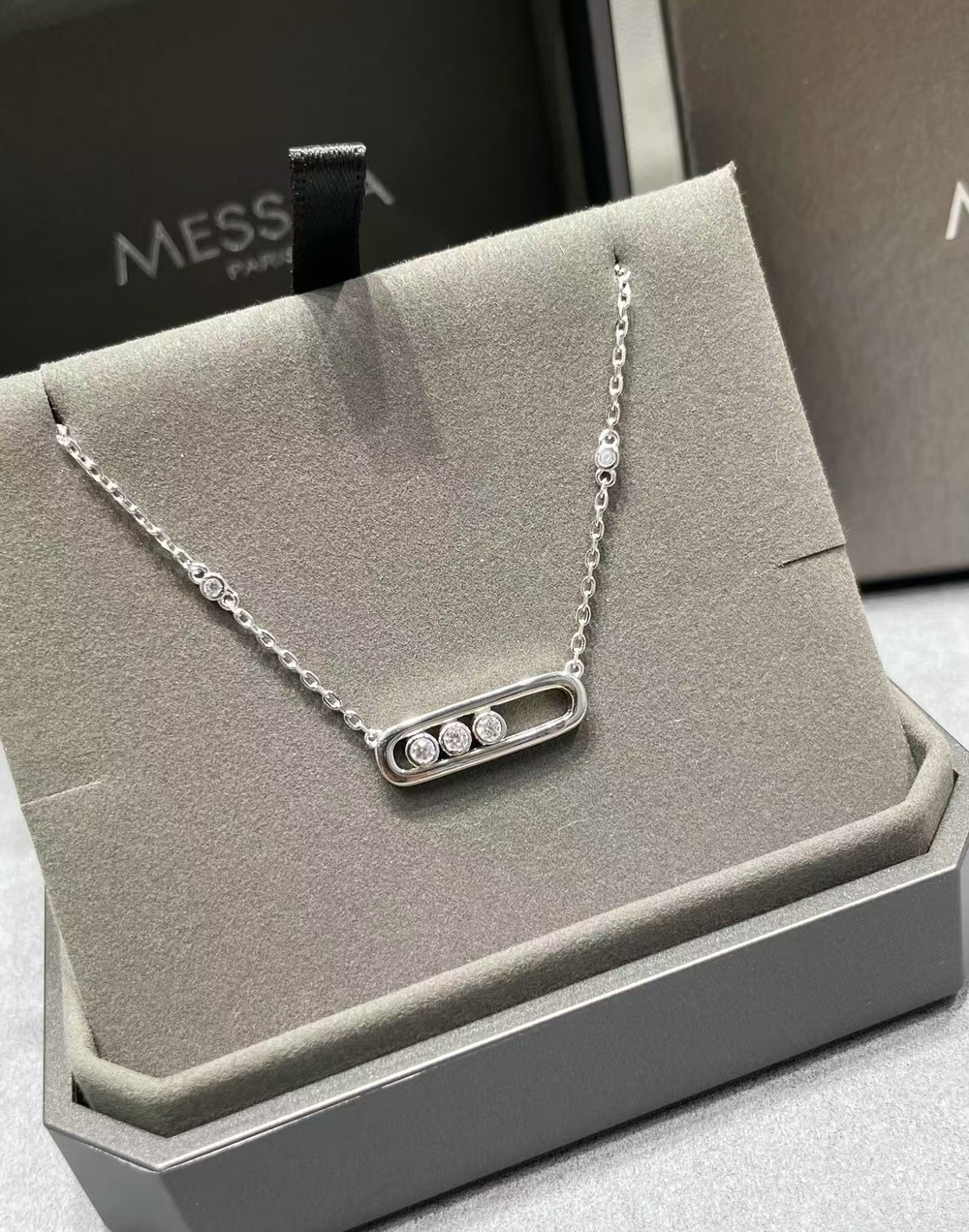 Messika Silver Tone Sliding 3 CZ Rectangle Pendant Necklace New